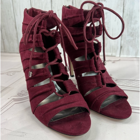 BCBGeneration Laced Up Tie Open Toe Burgundy Faux Suede Stiletto Bootie Boots 8 - Picture 11 of 16